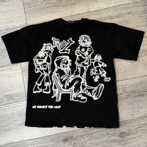 Vamtac T-Shirt Men Small Black Cotton Tee Streetwear Graffiti Y2K Style AOP
